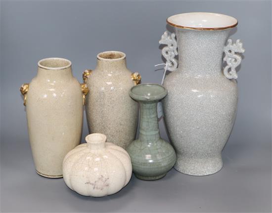 Five Chinese crackle glaze vases, 19th century and later tallest 32cm